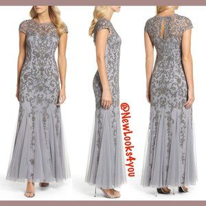 NEW Adrianna Papell Beaded Godet Trumpet‎ Gown in Silver/Grey [SZ 6 8 ]